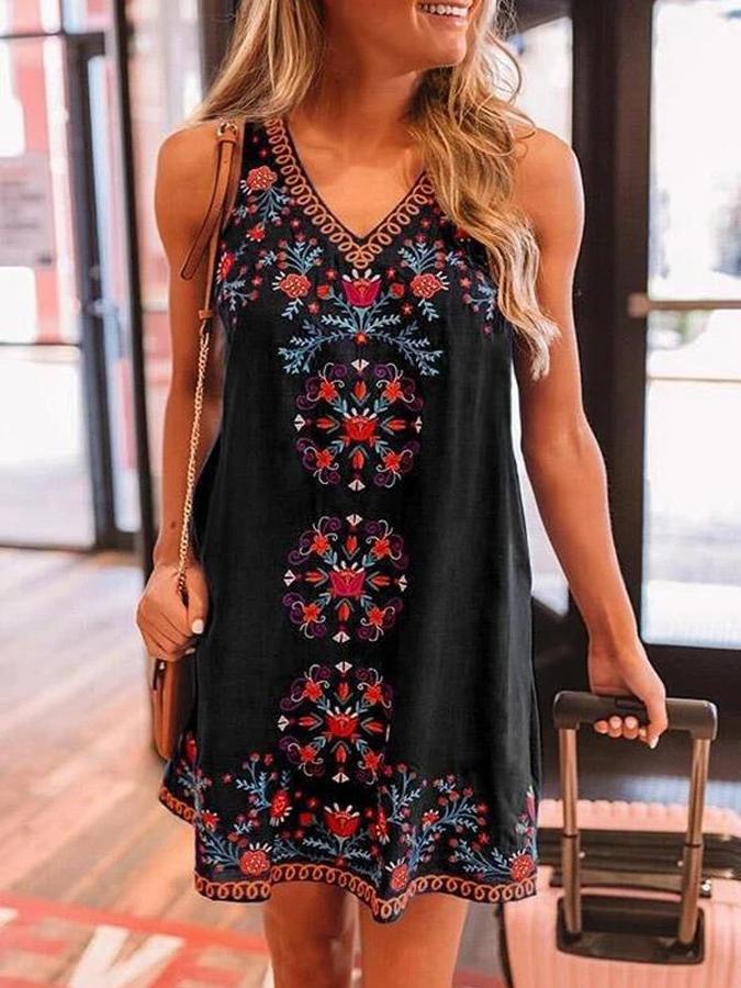 Black Floral Printed V Neck Sleeveless Holiday Casual Dresses