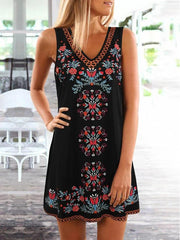 Black Floral Printed V Neck Sleeveless Holiday Casual Dresses