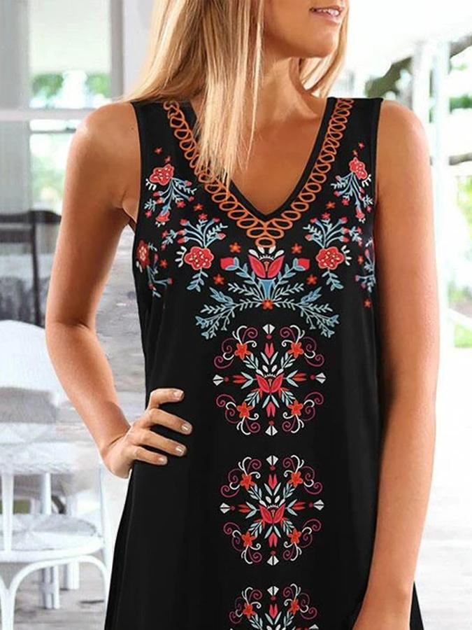 Black Floral Printed V Neck Sleeveless Holiday Casual Dresses