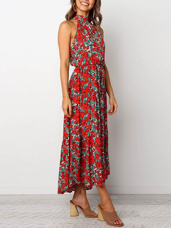 Bohemia printed women band neck long vacation dresses