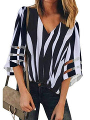 V-neck Mesh Fared Sleeve Stripe T-shirt