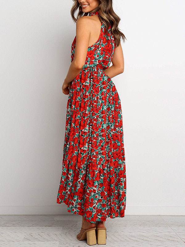 Bohemia printed women band neck long vacation dresses