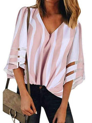 V-neck Mesh Fared Sleeve Stripe T-shirt