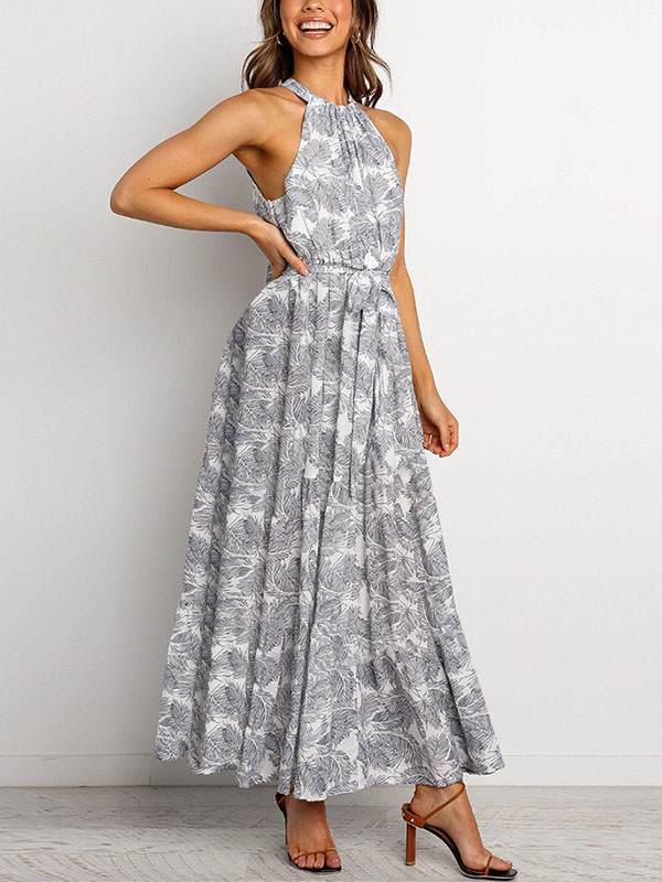 Bohemia printed women band neck long vacation dresses