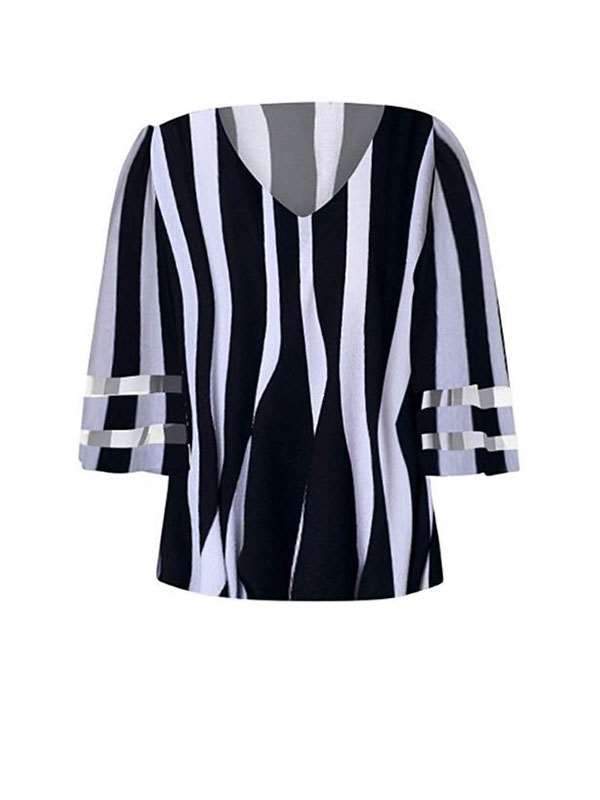 V-neck Mesh Fared Sleeve Stripe T-shirt