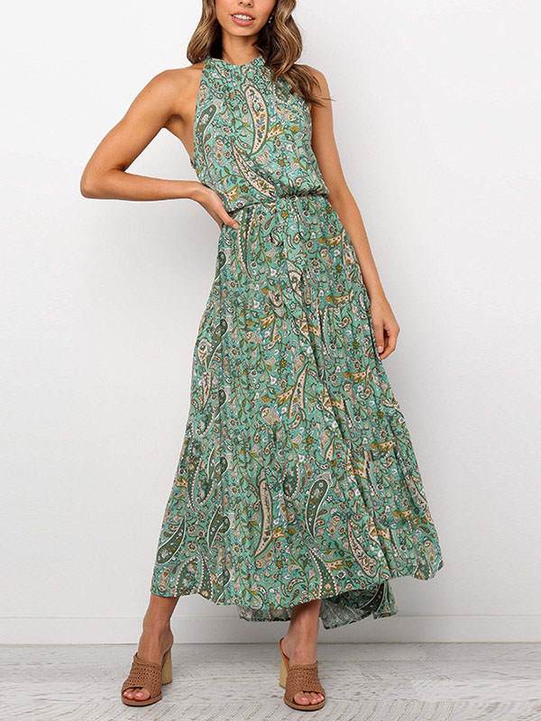 Bohemia printed women band neck long vacation dresses