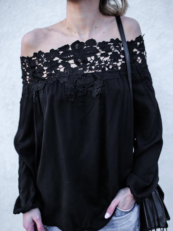 Black Spun Rayon Sexy Open Shoulder Lace Stitching Long Sleeve Blouses