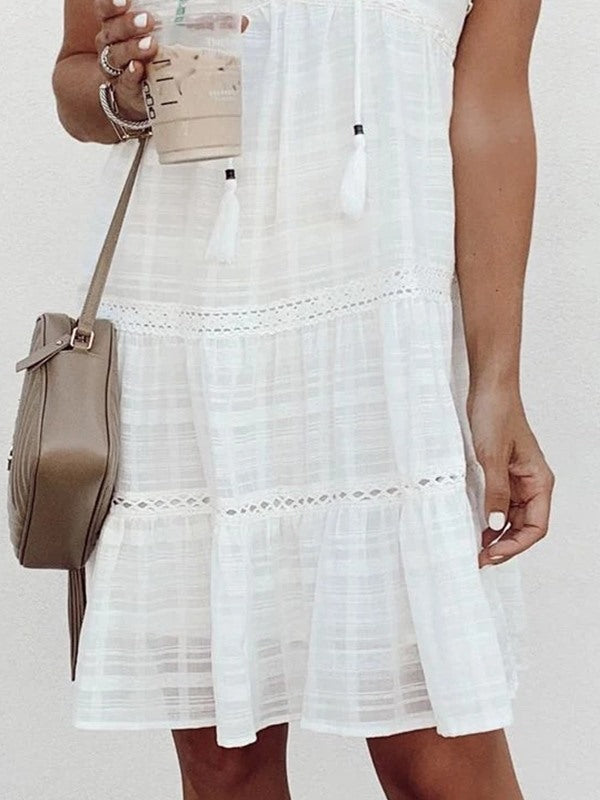 White sweet Fringed V-neck Ruffle Sleeve Skater Dresses