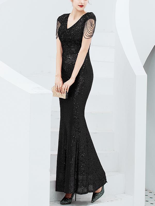 Elegant long sequined fish tail  slim long evening dresses