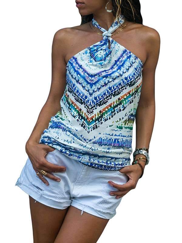 Women Band Neck Vacation Sexy Printed Vests