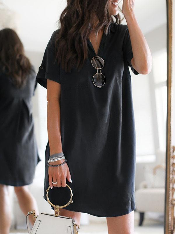 Black short sleeve v neck shift dresses