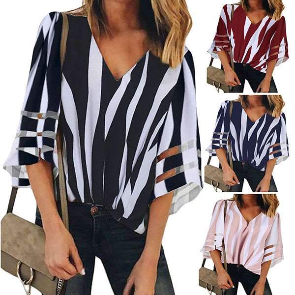 V-neck Mesh Fared Sleeve Stripe T-shirt