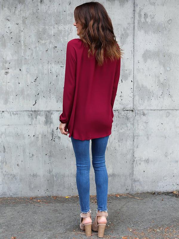 V-neck plain button long-sleeve loose chiffon T-shirt