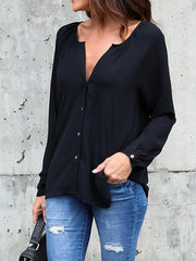 V-neck plain button long-sleeve loose chiffon T-shirt