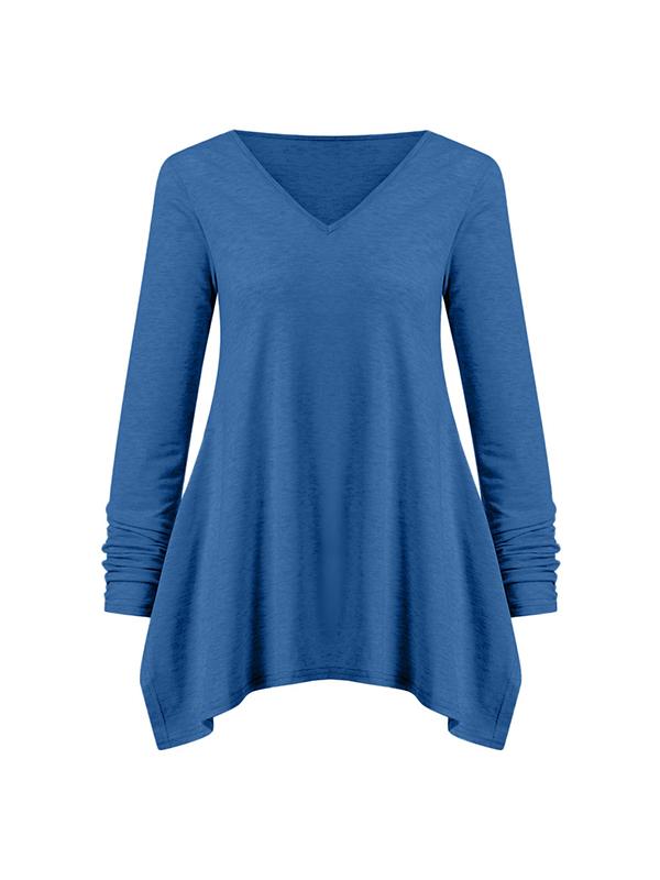 V Neck Long Sleeve Woman Asymmetrical Hem T-shirts