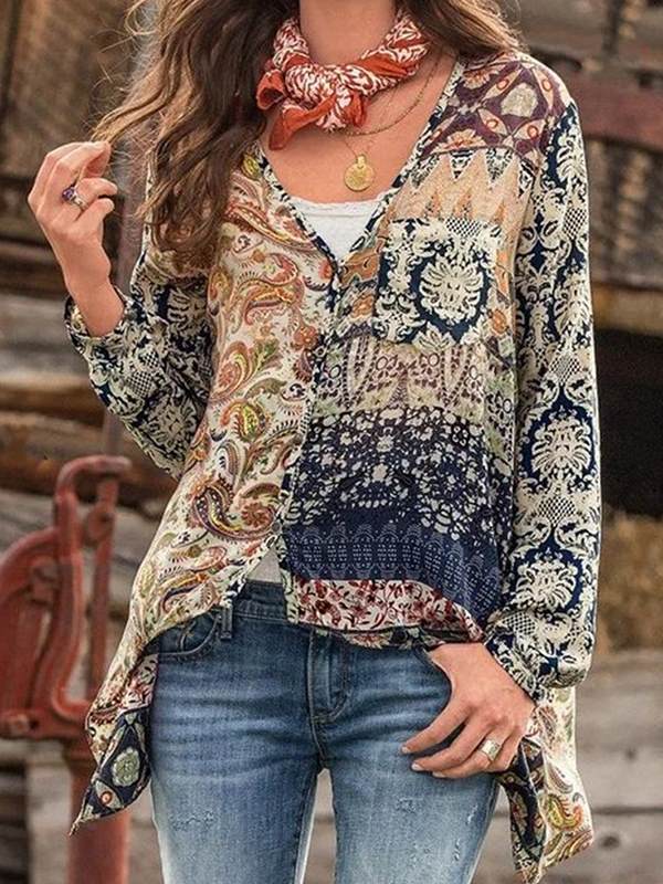 Casual V neck Printed Vintage Chiffon Blouses Tops