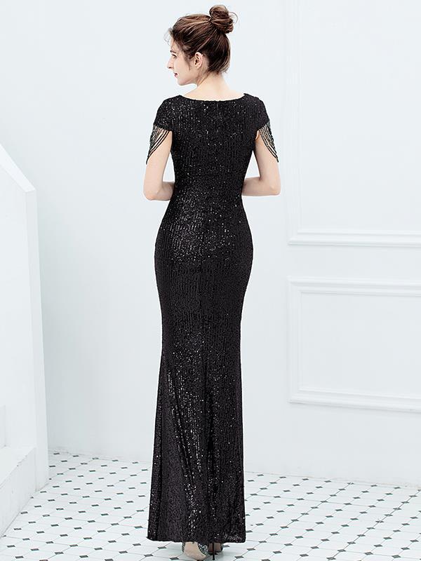 Elegant long sequined fish tail  slim long evening dresses