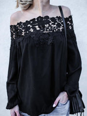 Black Spun Rayon Sexy Open Shoulder Lace Stitching Long Sleeve Blouses