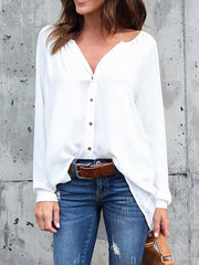 V-neck plain button long-sleeve loose chiffon T-shirt