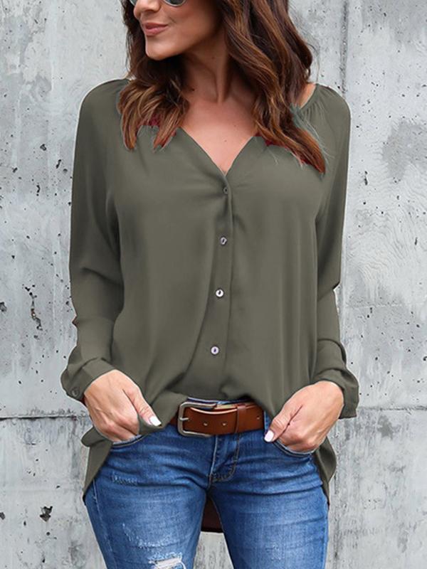 V-neck plain button long-sleeve loose chiffon T-shirt