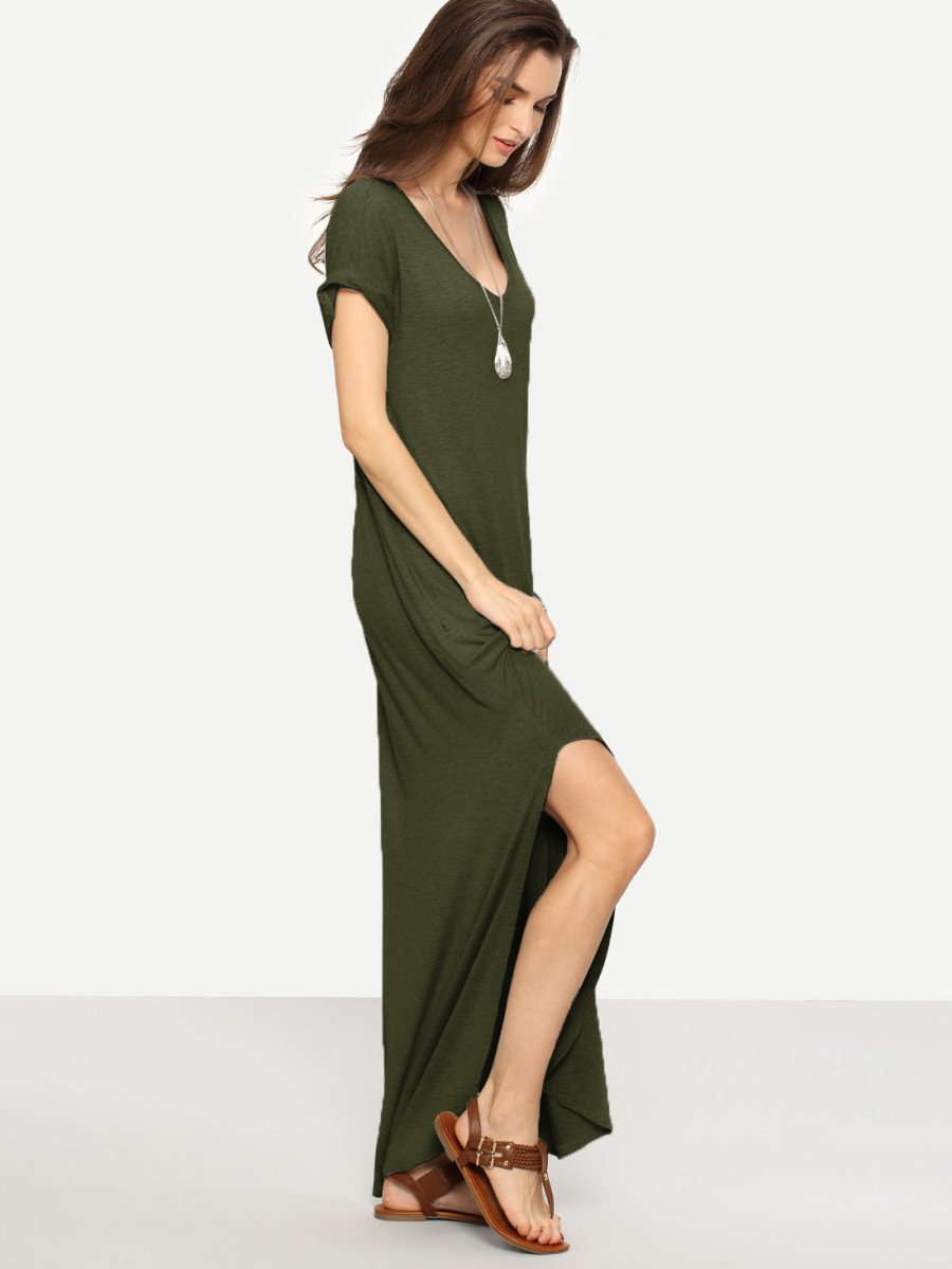Rolled-Cuff Pockets Side Split Curved Dress
