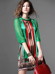 Printing Stand Collar Seven-Tenths Sleeves Midi A-Line Dresses