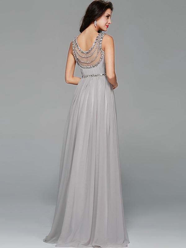 Sequined Solid Color O-Neck Sleeveless Backless Evening Dresses