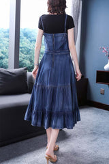 Cowboy embroidery strap denim midi dress