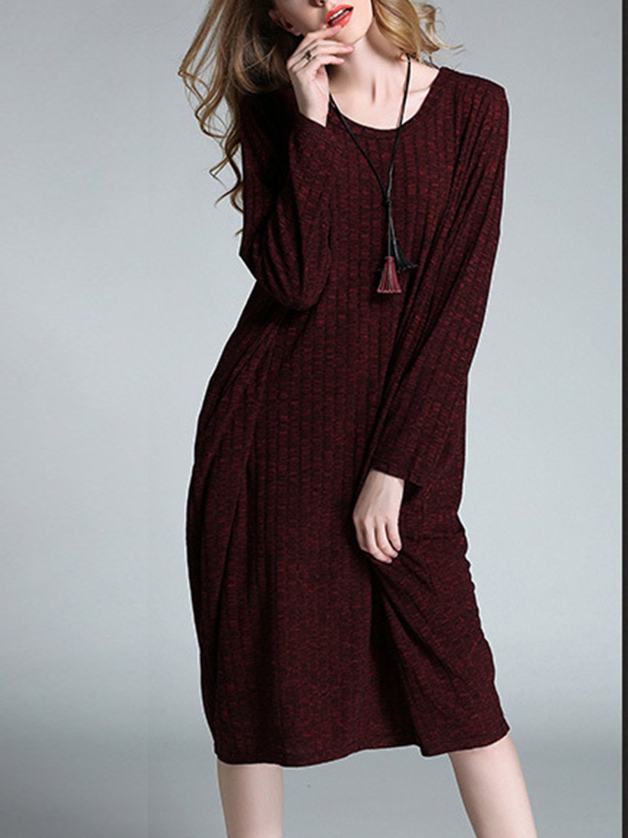 Round Neck Long Sleeve Woman Plain Daily Casual Shift Dress