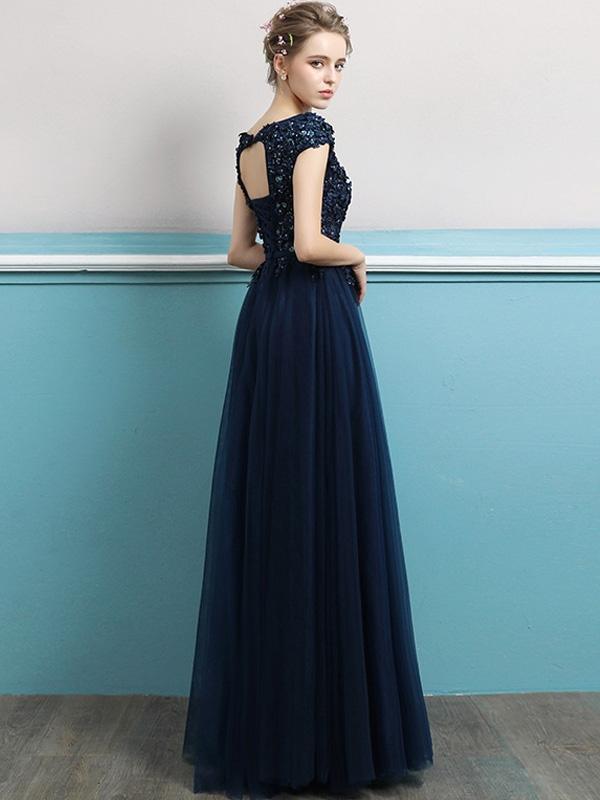 Embroidery Sequined Solid Color Sleeveless Tulle Stitching Prom Dresses