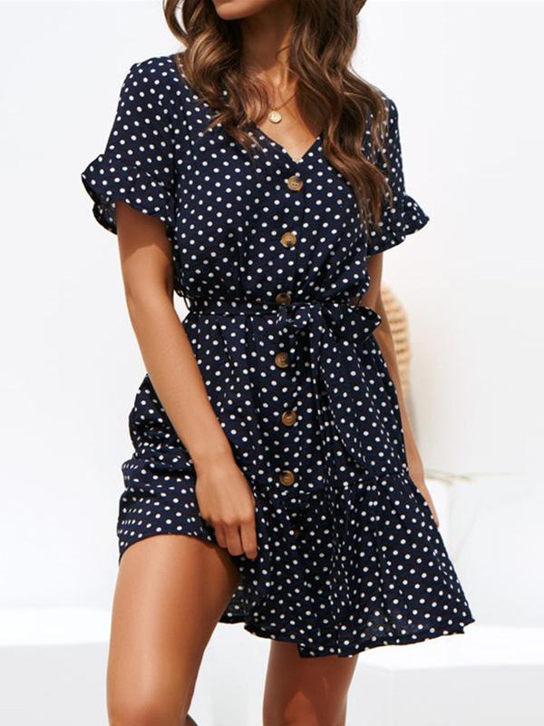 Fashion elegant V collar spotty chiffon skater dress