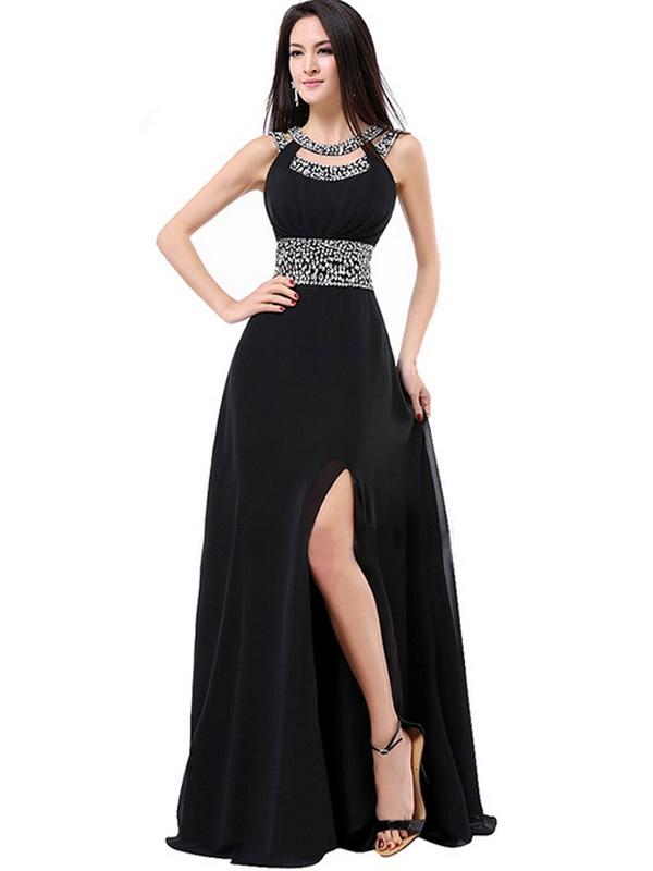 Designer Sequined Contrast O-Neck Backless Long Prom Dresses