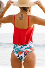 Cross Front Flower Print High Waisted Tankini Set