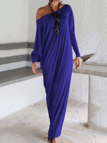 Elegant Solid Color Long Sleeve Round Neck Loose Maxi Dress