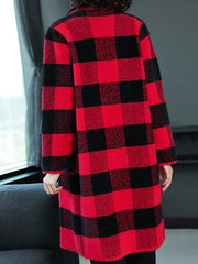 Red Grid Woman Elegant Lapel Coats