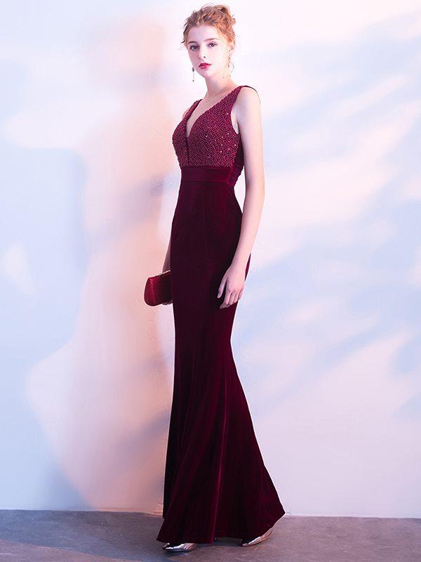 Elegant Velvet Sequined V-Neck Sheath Backless Party Dresses