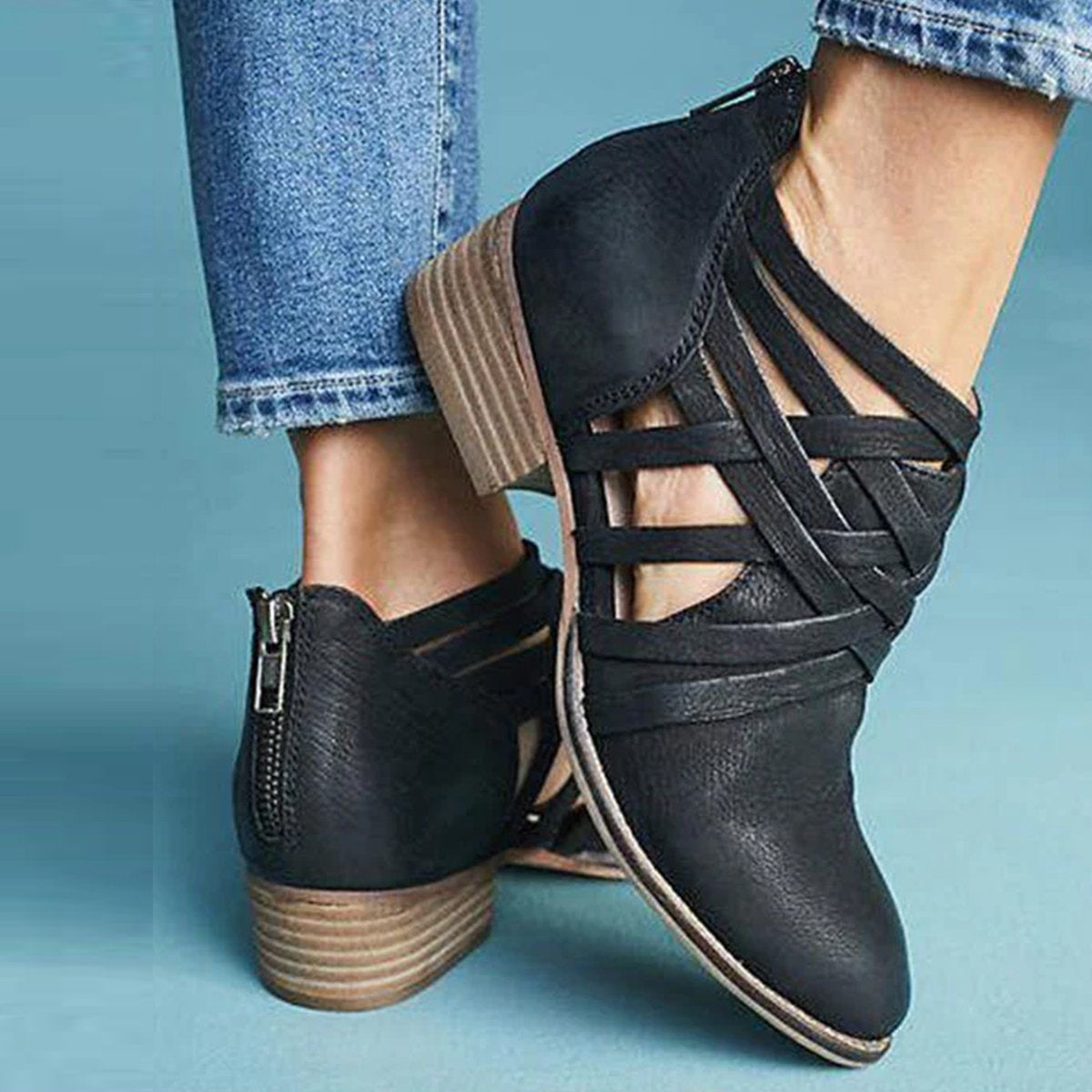 Plus Size Criss-Cross Ankle Heel Booties Hollow-out  Woman PU Boots