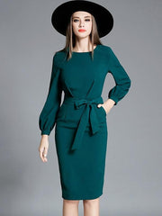 Contrast Solid Color Bowknot Zipper O-Neck Long Sleeves Midi Bodycon Dresses