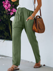 Solid Color Pocket Elastic Waist Casual Pants