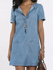 Blue Denim Short Sleeve Casual Pockets Solid Dresses