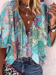 Cotton-Blend V Neck Casual Half Sleeve Shirts & Tops