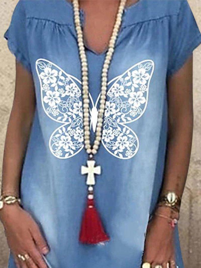 Blue Short Sleeve Butterfly Printed Animal Lace Dresses