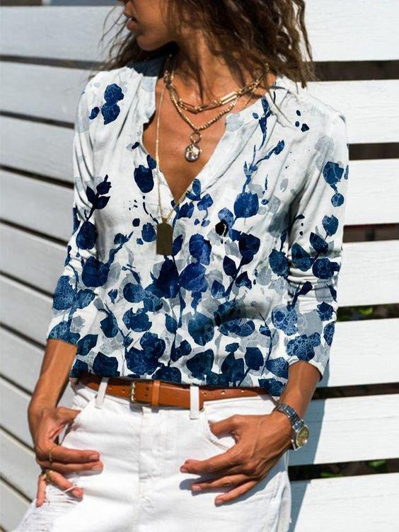 White Printed Floral Long Sleeve Shift Shirts & Tops