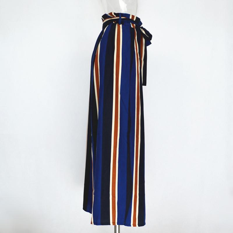 Loose Fit Bow Tie Striped Print Wide Leg Pants High Side Slit Drawstring