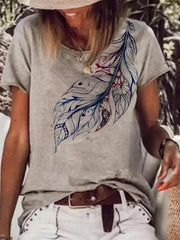 Round neck short sleeve leaf printed T-shirts