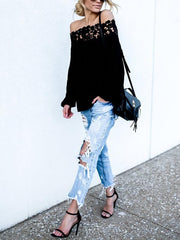 Black Spun Rayon Sexy Open Shoulder Lace Stitching Long Sleeve Blouses