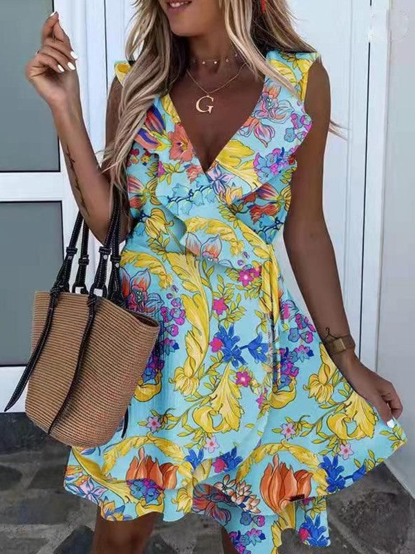 Elegant V neck Flower Printed Sleeveless Women skater dresses