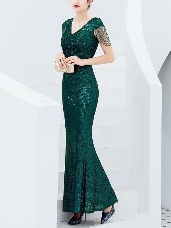 Elegant long sequined fish tail  slim long evening dresses