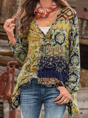 Casual V neck Printed Vintage Chiffon Blouses Tops