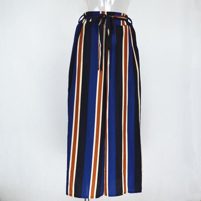 Loose Fit Bow Tie Striped Print Wide Leg Pants High Side Slit Drawstring